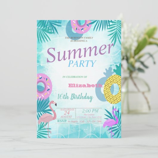 Flamingo Summer Pool Birthday Kaart (Staand voorkant)