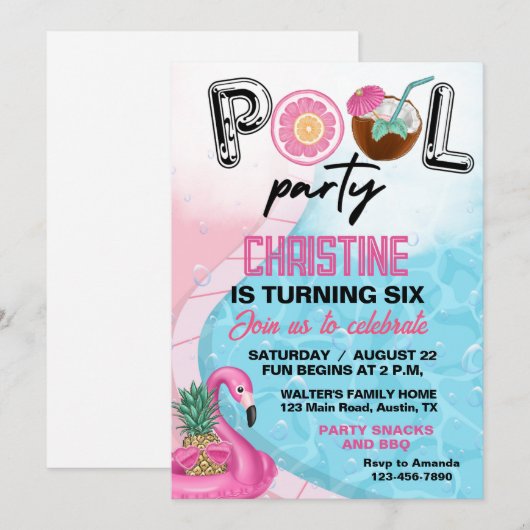 Flamingo Summer Pool Birthday Kaart (Voorkant / Achterkant)