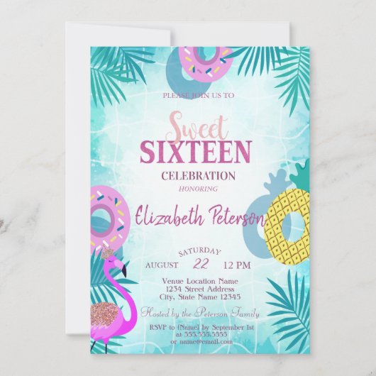 Flamingo Summer Pool Sweet 16 Party Kaart (Voorkant)