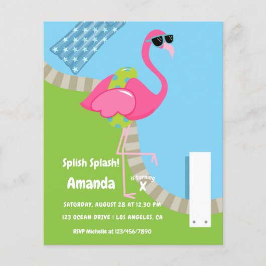 Flamingo Summer Splish Splash Kids Birthday Party Flyer (Voorkant)