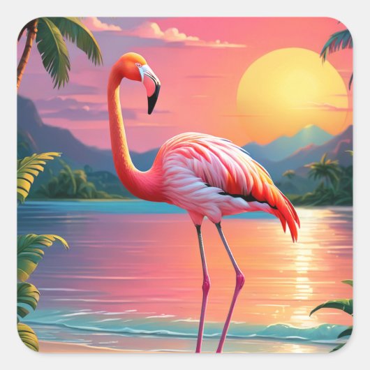 Flamingo Sunset Tropisch strand Vierkante Sticker (Voorkant)