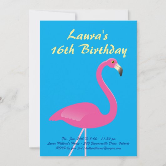 Flamingo Sweet 16 Birthday Party Invitation - Blue Kaart (Voorkant)