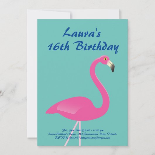 Flamingo Sweet 16 Birthday Party Invite-turquoise Kaart (Voorkant)