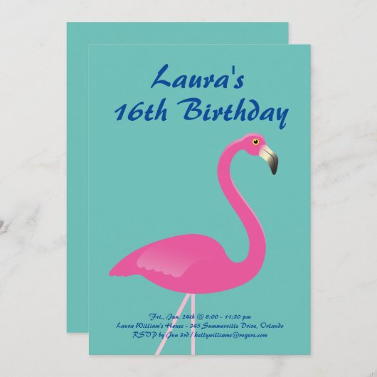 Flamingo Sweet 16 Birthday Party Invite-turquoise Kaart (Voorkant / Achterkant)