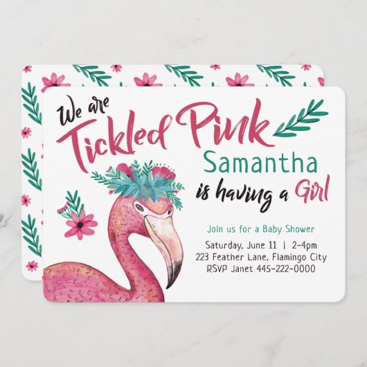 Flamingo Tickeld Roze Baby shower Kaart (Voorkant / Achterkant)