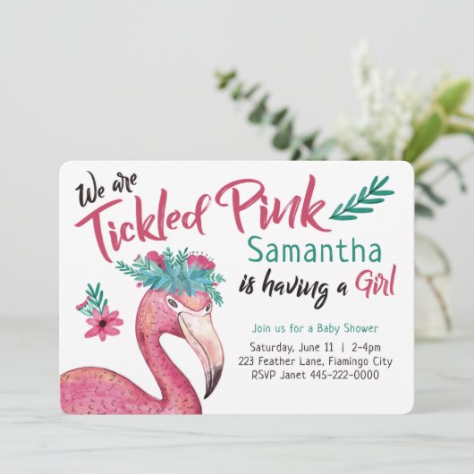 Flamingo Tickeld Roze Baby shower Kaart (Staand voorkant)