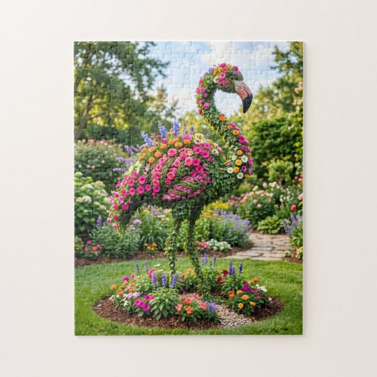Flamingo Topiary in Tropische Bloementuin Legpuzzel (Verticaal)