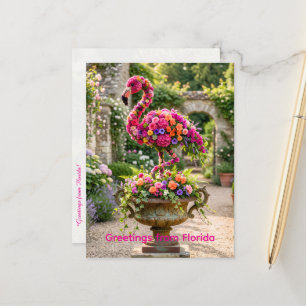 Flamingo Topiary Planter Urn en Tropische Bloemen Briefkaart