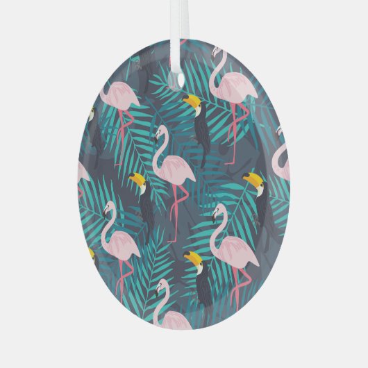 Flamingo, toucan: tropisch bladpatroon glas ornament (Voorkant links)
