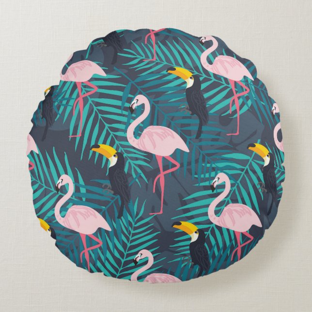 Flamingo, toucan: tropisch bladpatroon rond kussen (Voorkant)