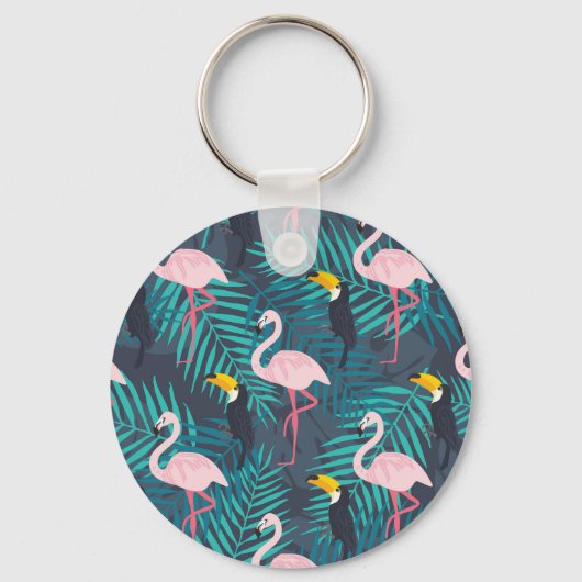 Flamingo, toucan: tropisch bladpatroon sleutelhanger (Voorkant)