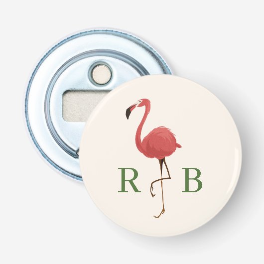 Flamingo Tropen Trouwgunst, Initiaalmonogram Button Flesopener (Voorkant)