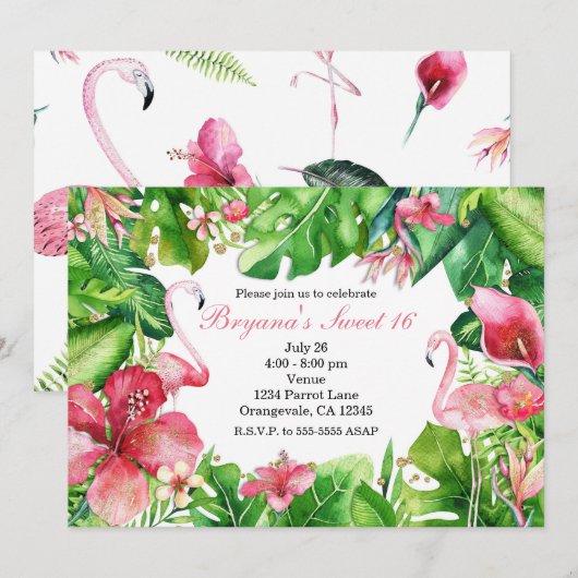 Flamingo Tropen Zomer Verjaardagsfeest Uitnodiging (Voorkant / Achterkant)
