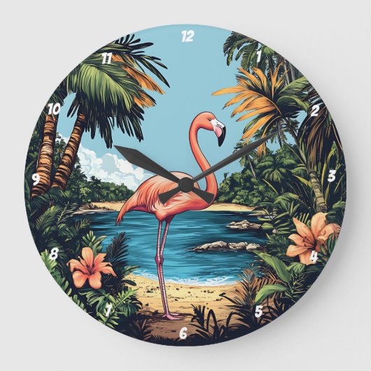 Flamingo Tropical Beach Wall Art Grote Klok (Voorkant)