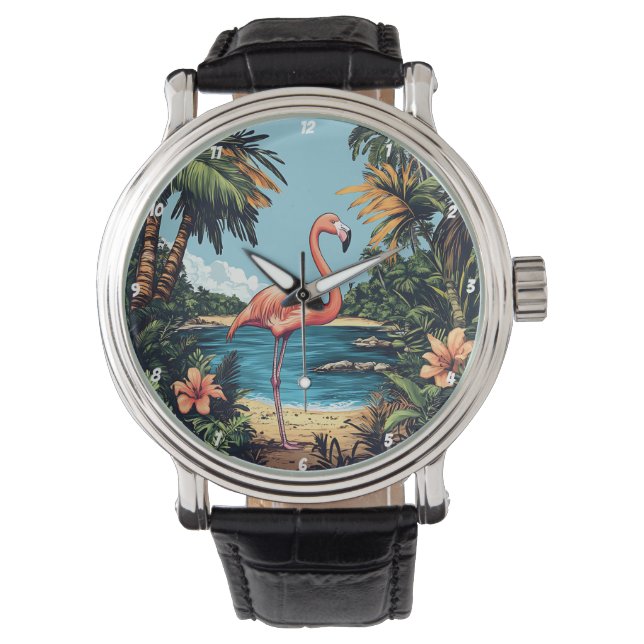 Flamingo Tropical Beach Wall Art Horloge (Voorkant)