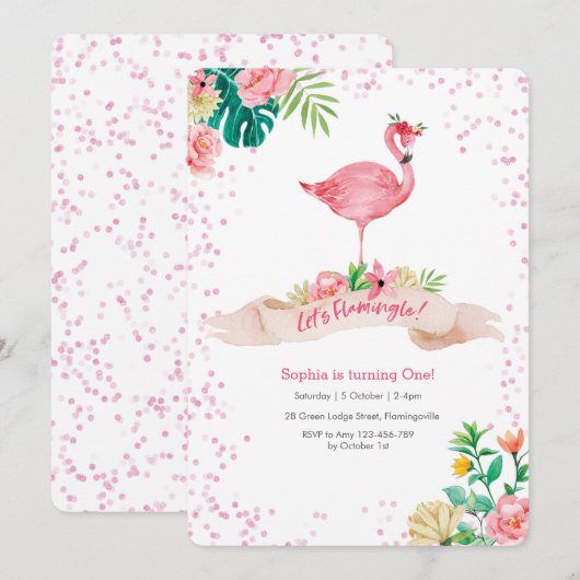 Flamingo Tropical Birthday Invitation Kaart (Voorkant / Achterkant)