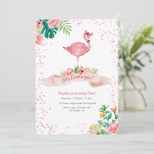 Flamingo Tropical Birthday Invitation Kaart (Staand voorkant)