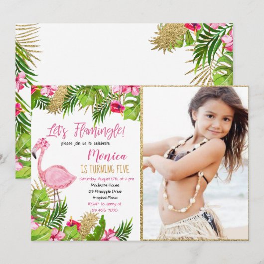 Flamingo Tropical Birthday Invitation Kaart (Voorkant / Achterkant)