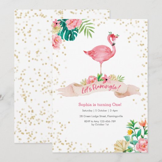 Flamingo Tropical Birthday Invitation Kaart (Voorkant / Achterkant)