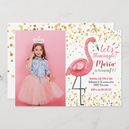 Flamingo Tropical Birthday party Invitation Kaart (Voorkant / Achterkant)