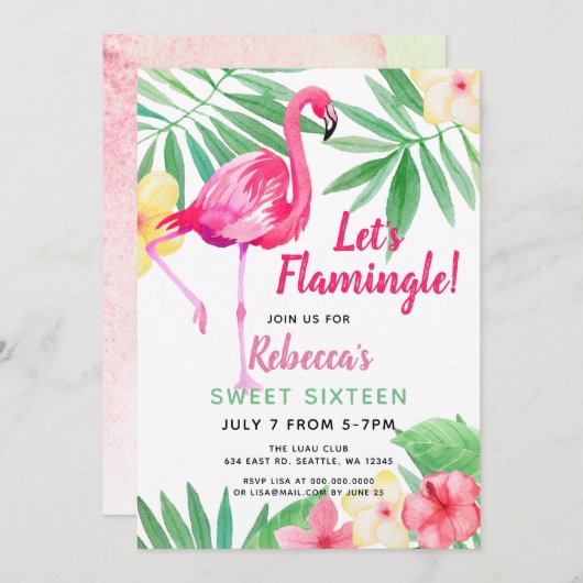 Flamingo tropical Birthday party Invitations Kaart (Voorkant / Achterkant)
