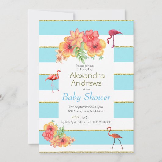 Flamingo Tropical Blue Stripe Baby shower Kaart (Voorkant)