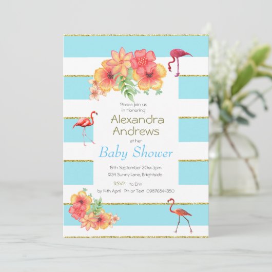Flamingo Tropical Blue Stripe Baby shower Kaart (Staand voorkant)