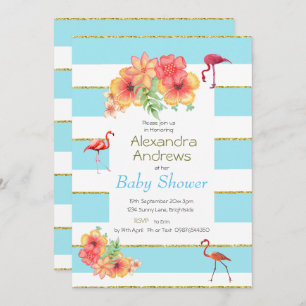 Flamingo Tropical Blue Stripe Baby shower Kaart