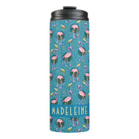 Flamingo Tropical Cute Blauwgroen Gold Pattern Cus Thermosbeker (Voorkant)