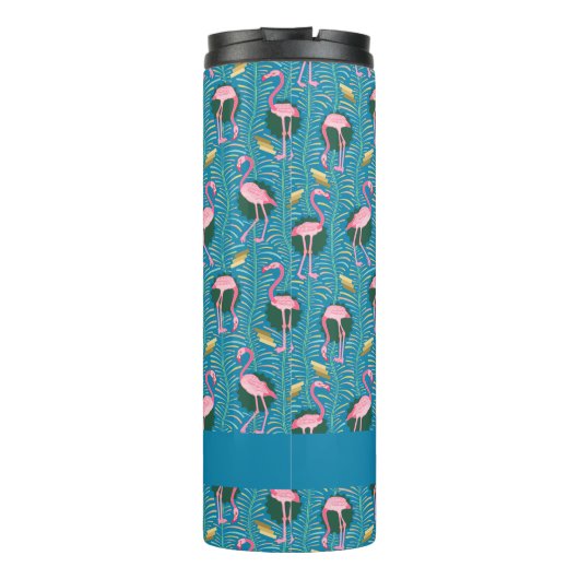 Flamingo Tropical Cute Blauwgroen Gold Pattern Cus Thermosbeker (Achterkant)