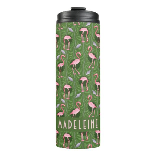 Flamingo Tropical Cute Dark Green Pattern Custom Thermosbeker (Voorkant)