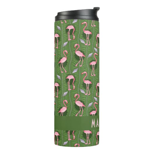 Flamingo Tropical Cute Dark Green Pattern Custom Thermosbeker (Gedraaid links)