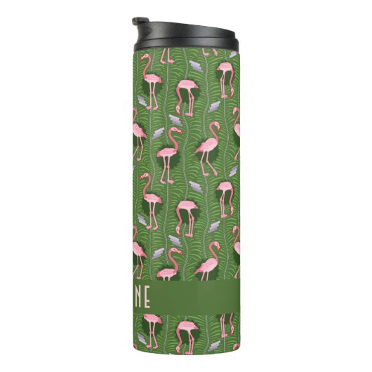Flamingo Tropical Cute Dark Green Pattern Custom Thermosbeker (Geroteerd rechts)