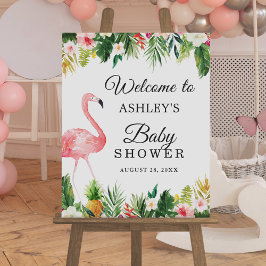 Flamingo Tropical Floral Girl Baby shower Sign Poster