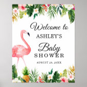 Flamingo Tropical Floral Girl Baby shower Sign Poster (Voorkant)