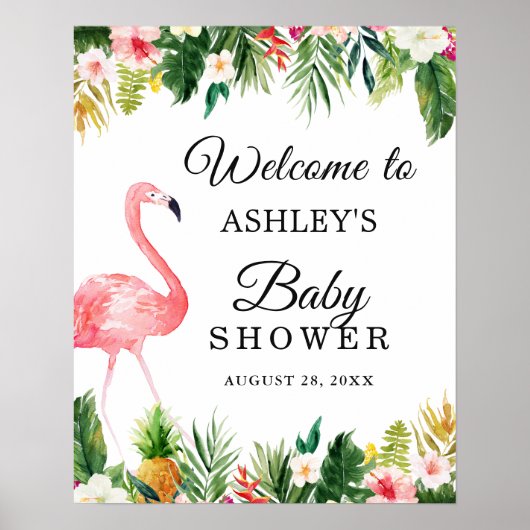Flamingo Tropical Floral Girl Baby shower Sign Poster (Voorkant)