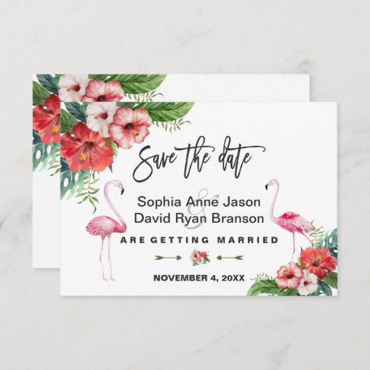 Flamingo Tropical Floral Handwriting Save the Date (Voorkant / Achterkant)