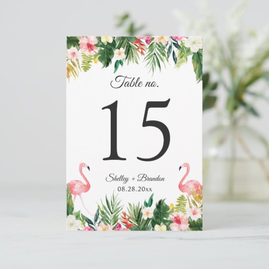 Flamingo Tropical Floral Wedding Table Number Kaar RSVP Kaartje (Staand voorkant)
