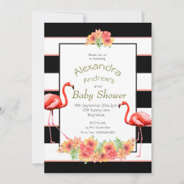 Flamingo Tropical Flowers Black Stripe Baby shower Kaart