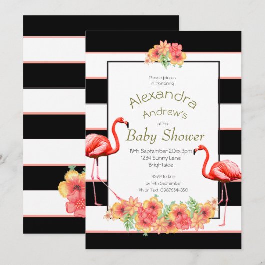 Flamingo Tropical Flowers Black Stripe Baby shower Kaart (Voorkant / Achterkant)
