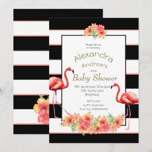 Flamingo Tropical Flowers Black Stripe Baby shower Kaart