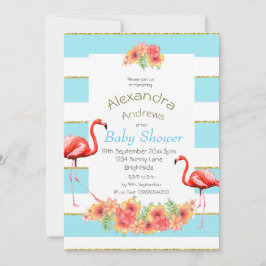 Flamingo Tropical Flowers Blue Stripe Baby shower Kaart