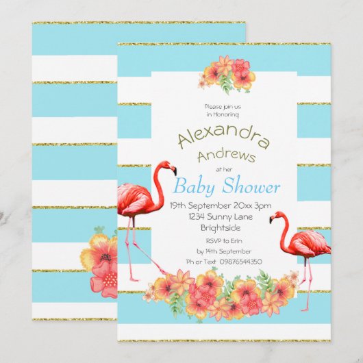 Flamingo Tropical Flowers Blue Stripe Baby shower Kaart (Voorkant / Achterkant)