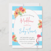 Flamingo Tropical Flowers Blue Stripe Baby shower Kaart (Voorkant)