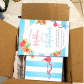 Flamingo Tropical Flowers Blue Stripe Baby shower Kaart