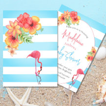 Flamingo Tropical Flowers Blue Stripe Baby shower