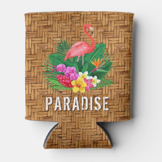 Flamingo Tropical Flowers op Wicker Print Blikjeskoeler (Voorkant)