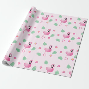 Flamingo Tropical Leaf Flowers Pattern Light Roze Cadeaupapier