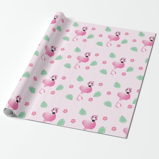 Flamingo Tropical Leaf Flowers Pattern Light Roze Cadeaupapier (Uitgerold)