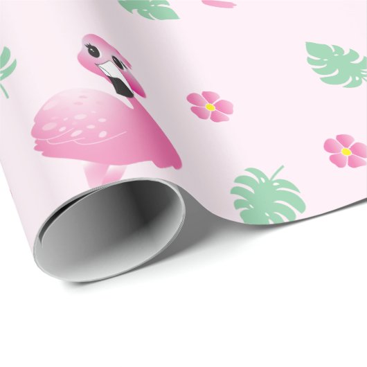Flamingo Tropical Leaf Flowers Pattern Light Roze Cadeaupapier (Rol Hoek)